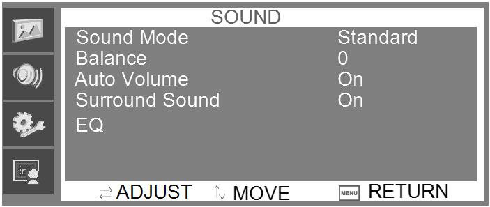 AUDIO MENU Audio menu can set sound mode, balance, auto volume, surround sound, and EQ.