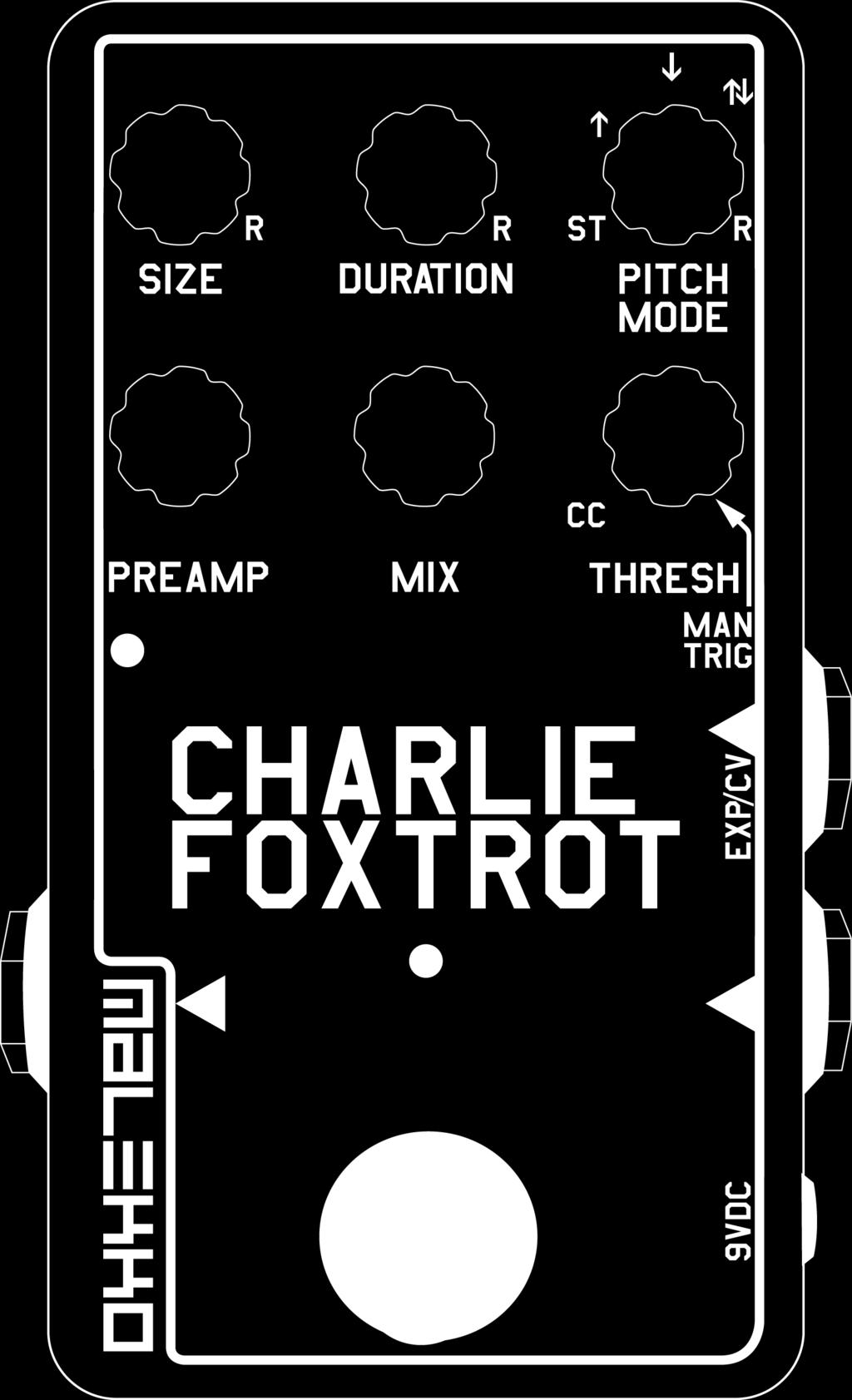 Charlie Foxtrot is a digital buffer/granular pedal with both autocapture and manual-capture of the input signal.
