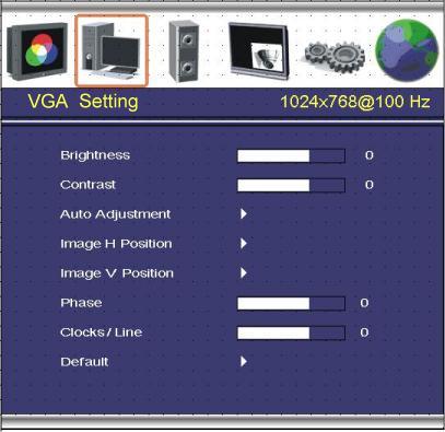 VGA SETTING Brightness: Contrast: Auto Adjustment: Image H Position: Image V Position: Phase: Clock / Line : Default: Adjusts the overall picture shade and brightness.