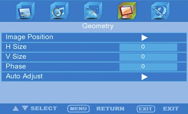 Geometry Setting Enter Geometry menu, you can select Image Position, H Size, V Size, Phase and Auto Adjust items by pressing CH+/CH- keys.