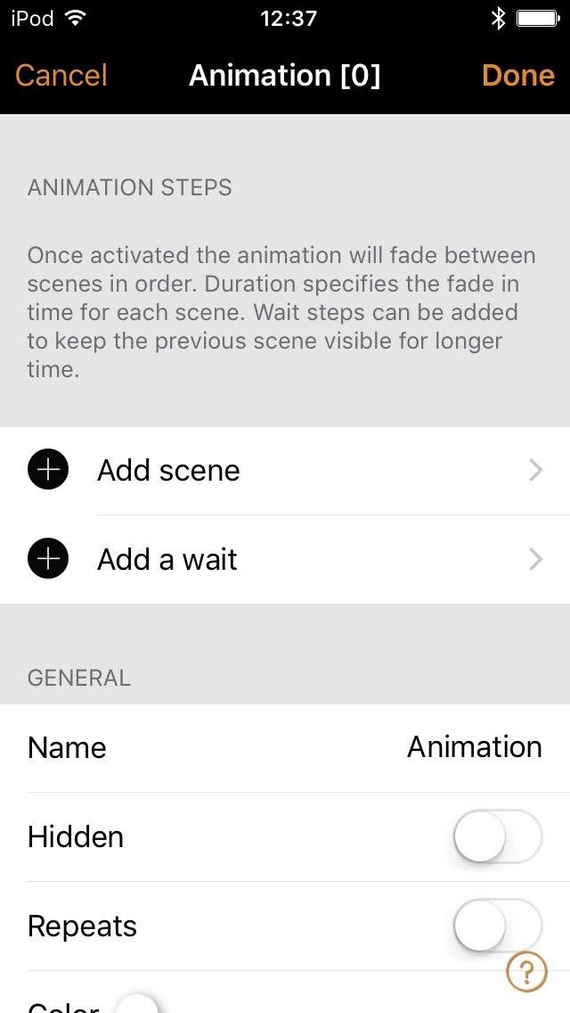 10 of 28 Creating Animations In the Scenes tab it is also possible to create animations. Animations or dynamic scenes are special scene type that fade from scene to scene.