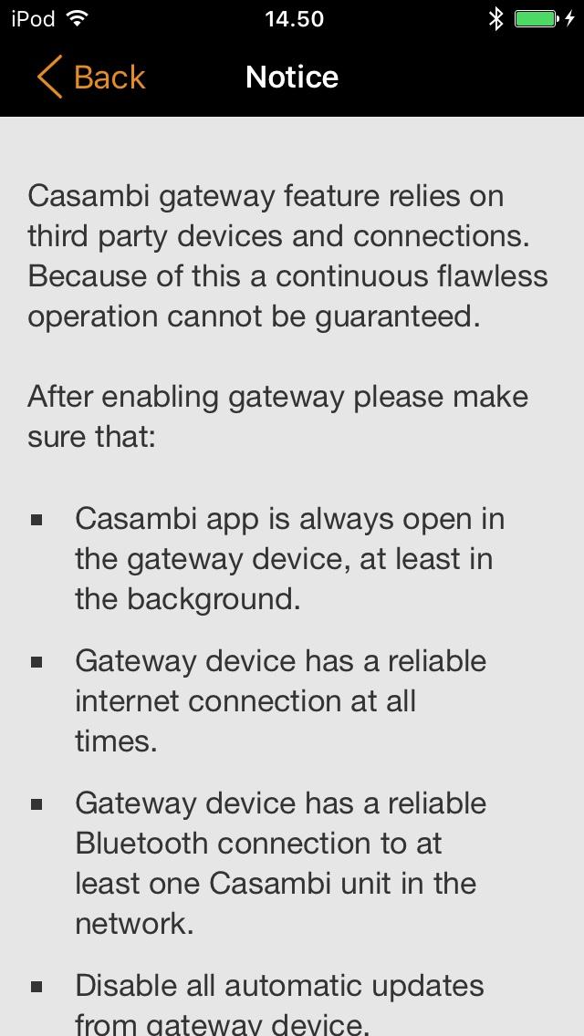 To enable remote access a Casambi network needs to have one ios or Android device working as a gateway and the sharing settings for the network need to be Open, Password protected or Administrator