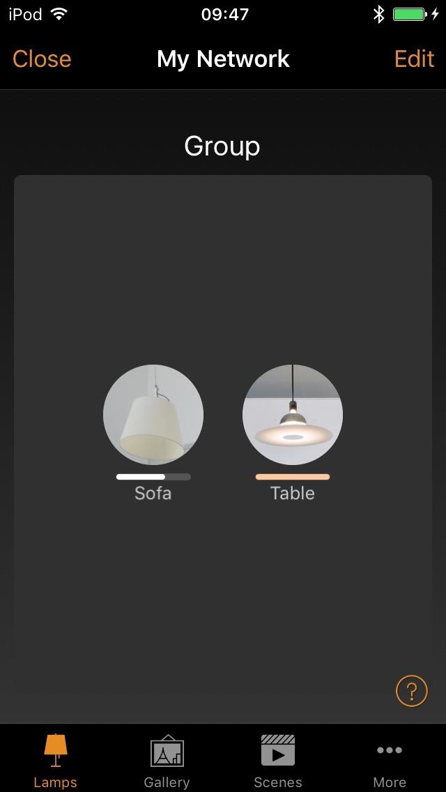 Tap on the Group on the top of the screen and select the lamps for the group by tapping them. Create the group by tapping the folder icon on top. On top you can also see + or - icons.