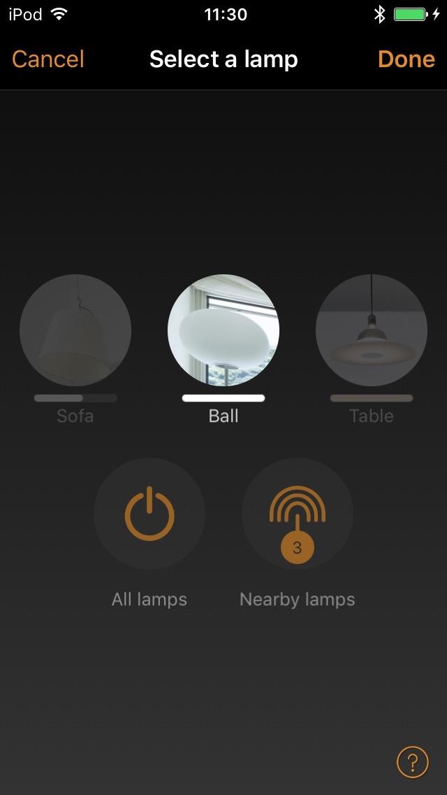 Tap on the + sign to open selection screen with all your luminaires Select a luminaire that is in the picture and confirm your selection with Done A lamp