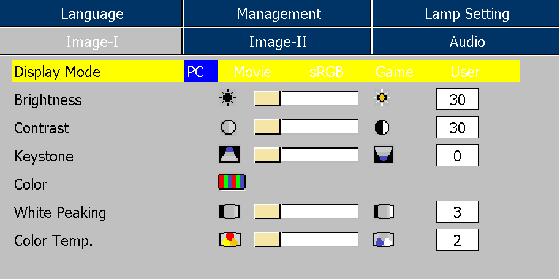 User Controls Image-I English... 22 Display Mode There are many factory presets optimized for various types of images. 4 PC: For computer or notebook. 4 Movie: For home theater. 4 Game : For game.