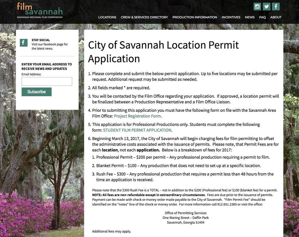 6. Complete the CITY OF SAVANNAH LOCATION PERMIT APPLICATION. Then click submit. Your submitted application will go directly to the Film Permitting Coordinator.