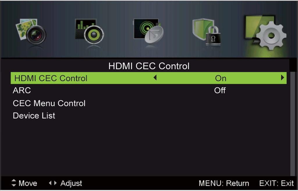 Basic Operation (Cont.) 37 HDMI CEC Control Press / button to select HDMI CEC Control, then press OK button to enter submenu.