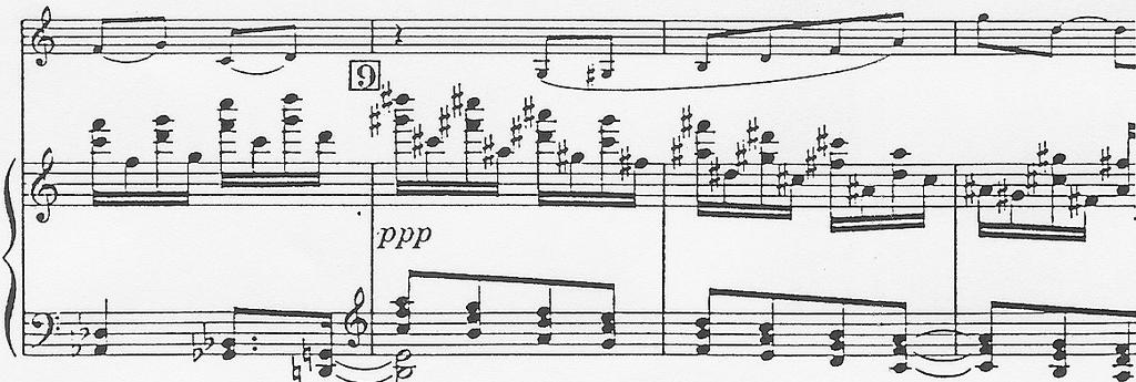 15 in die ander hand, baie gewild (Dallin 1974:134). Milhaud se Vioolsonate, no. 2 word as voorbeeld gegee. Voorbeeld 2-4: Milhaud, Vioolsonate, No. 2, seksie 9.