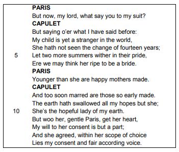 Read the following extract from Act 1 Scene 2 of and then answer the question that follows. At this point in the play Lord Capulet and Paris are discussing Juliet.