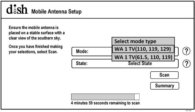 2. After the Wally starts up, the Mobile Antenna Setup screen will appear. NOTE FOR STEP 3: The 110, 119, 129 trio will work for most of the country.