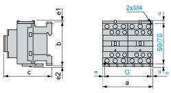 Product datasheet Dimensions Drawings LC2D09E7 Dimensions LC2 or 2 x LC1 a b c (1) e1 e2 G D09 to D18 (AC) 90 77 86 4 1.5 80 D093 to D123 (AC) 90 99 86 80 D09 to D18 (DC) 90 77 95 4 1.