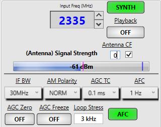 The Antenna Signal Strength feature (figure 10-12) provides an indication of signal strength at the antenna based on a user-specified correction factor (CF) that represents the signal loss or gain