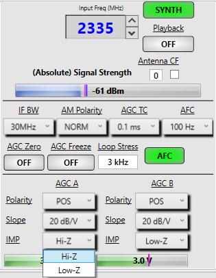 10.2.8 AGC Output Impedance Figure 10-18 shows how to select AGC output impedance. The user clicks on the arrow icon in the IMP box, which provides a pull-down menu (Hi-Z or Low-Z).