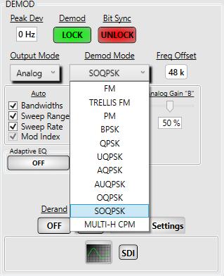 10.4 Demodulator Modes, Controls and Settings Demodulator modes, controls, settings and displays are described in the following paragraphs. 10.4.1 Demodulator Mode Selection Figure 10-36 depicts the Demodulator Mode Pull-Down Menu.