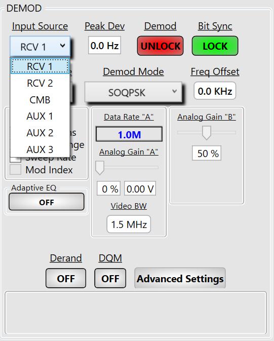 3 Demodulator Input Source Figure 10-38 I and Q Data Rate Entry Each demodulator functions independently and can be switched to operate in conjunction with CH1 (RCV 1), CH2 (RCV 2) or the Combiner