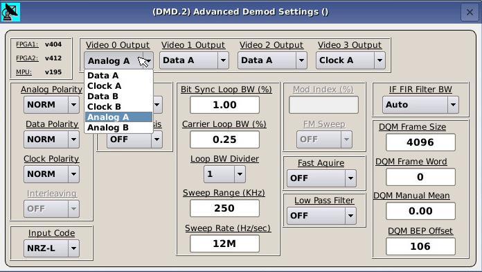 Figure 6-9 GUI Output Mode Selection Figure 6-10 shows how the Demodulator Output Modes are selected using the Touch Screens.