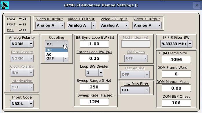 The user clicks on Advanced Settings and then the arrow ( ) icon next to Coupling to access an DC/AC pull-down menu. This setting provides for user-selectable AC or DC-coupled baseband video outputs.