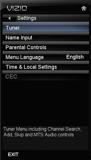 Settings Menu Adjust TV options including the tuner, parental controls, menu language, and date and time. Tuner Note: The tuner option can only be selected when your HDTV is in TV input mode.