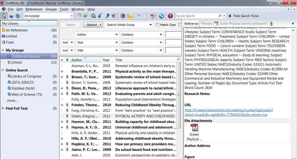 Here you can see the PDF I named, Green Physical Activity article, where I can now select it and add it to my EndNote library: This screen shows that the PDF is now in EndNote in the File Attachments
