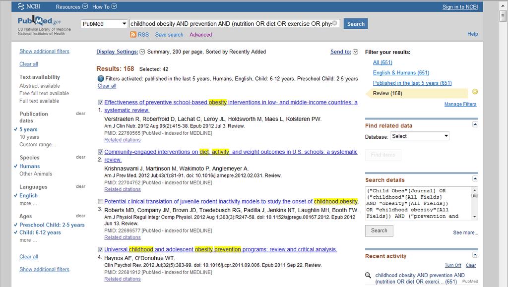 citations by either scanning the title or changing to the abstract display if I wanted to read the abstract. I checked the box next to each one I wanted to keep.