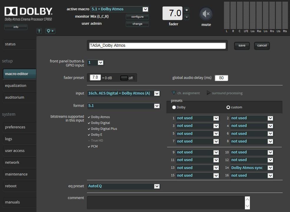 2. Press the button to create a new macro for Dolby Atmos trailers 3. Configure the following parameters in the macro editor screen a. Name the macro b. Select 16ch.