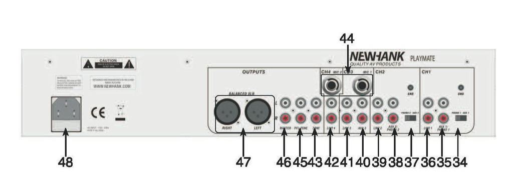 REAR PANEL CONNECTIONS Figure 3 34. CHANNEL 1: PHONO 1/AUX 1 SWITCH --This switch presets this input to phono or line level. 35.