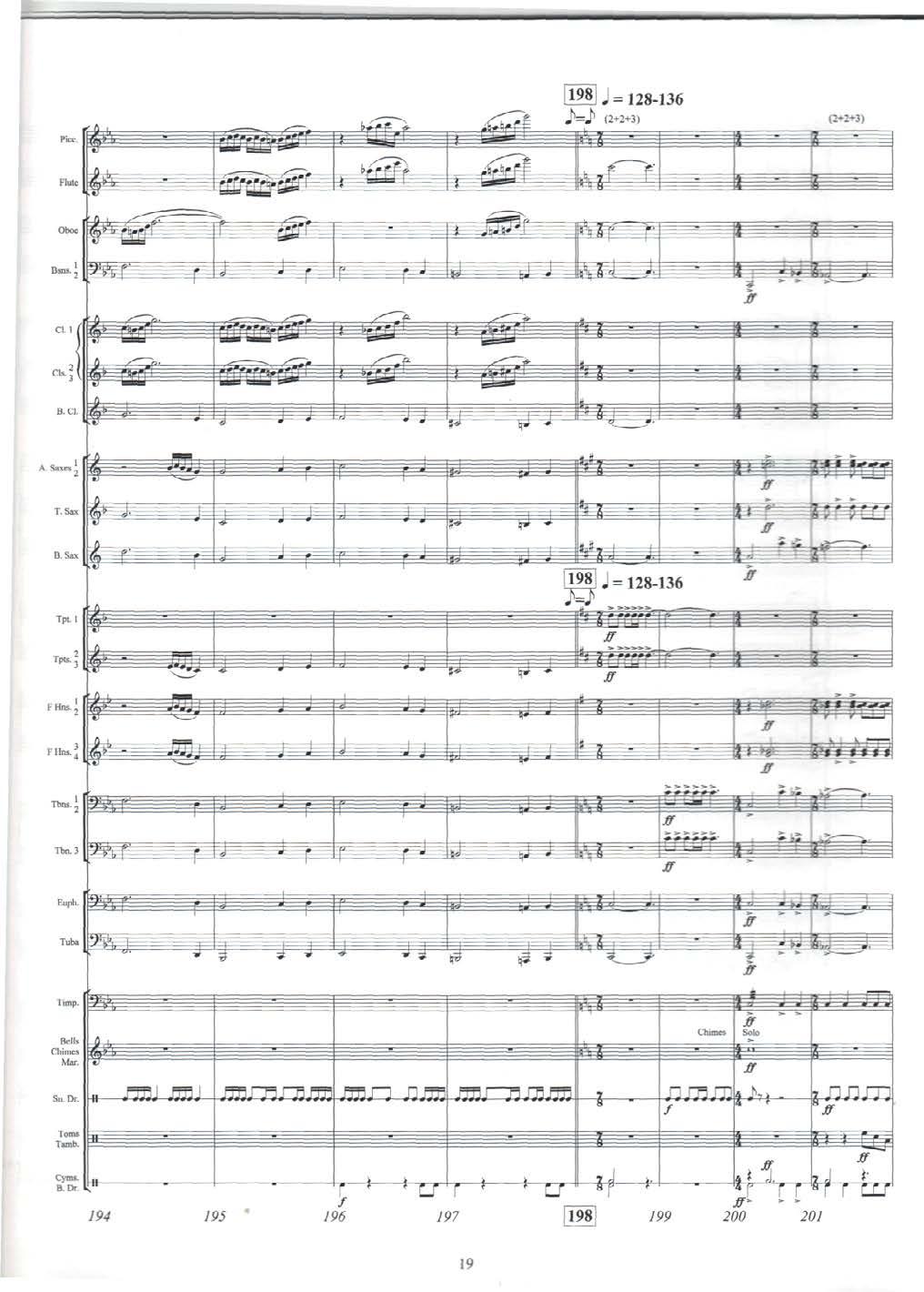 [198] J = 128-136 JW 1 (2+2+3) Flute Oboe A. Saxes P = T. Sax B. Sax P = 128-136 5s»' Tpts., FHns.