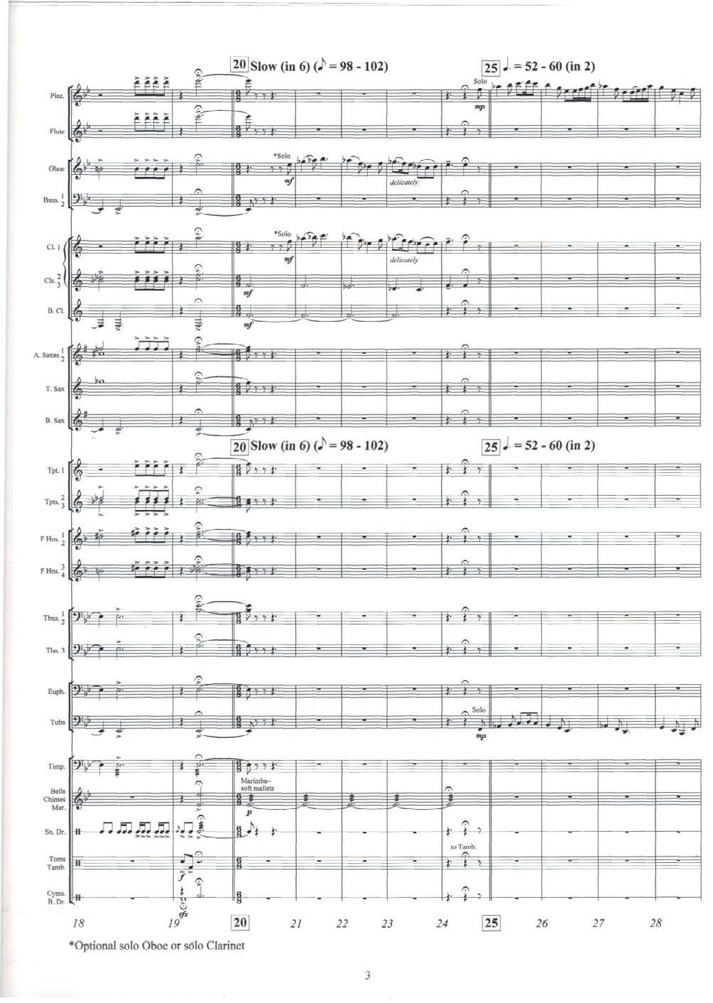 Pice. FfFf [20] Slow (in 6) (J> = 98-102) I. Solo mp» Flute Oboe l.t delicately Bsns. J Solo Cl. 1 cis.: delicately ftf 5= tt B.Cl. f A. Saxes, B.