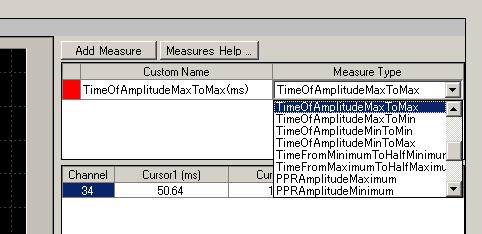4-3. Replay and analysis of acquired spontaneous data 7. Set the waveform analysis parameters in the [Extract Spike Measures] module. The "Time of Amplitude Max To Max" is the default setting.