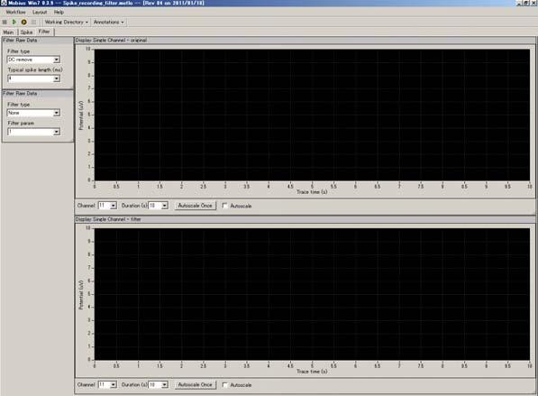 extracted (top), Extracted spikes waveform (right), The time course of spike frequency (bottom) are displayed. Display Single channel (Filtered data is displayed) Fig.3-1.11.