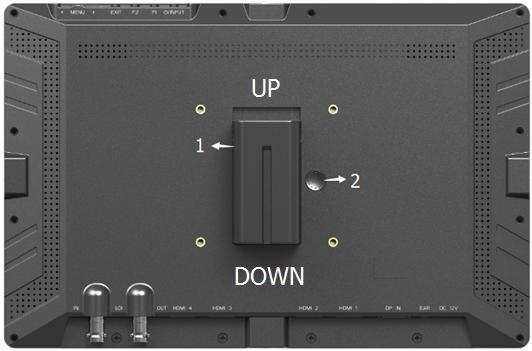 Switch:Short press to switch among of DP,HDMI 1,HDMI 2, HDMI 3,HDMI 4 and 3G-SDI. 5.Battery jar. 6.Battery release button 7.3G-SDI input/output interface. 8.HDMI input interface. HDMI 1: HDMI2.