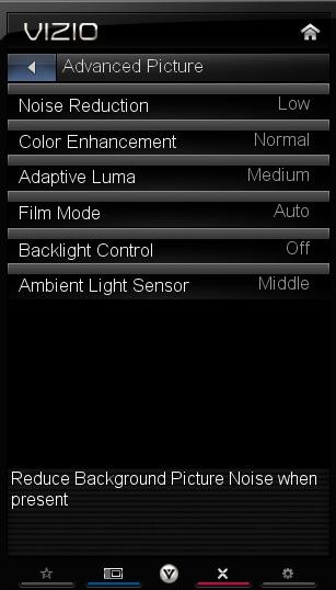 Reset Color Temperature: Select to reset color temperature settings to factory default. Advanced Picture To select the options in the Advanced Picture sub-menu, press OK.