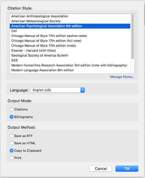 Clipboard is the default and you may insert the bibliography at the end of your