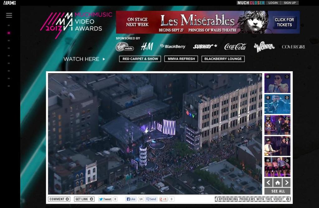 The MMVA site embedded video will include nominated music videos, behind the scenes action and other unique for web content only available at MUCH.CA.