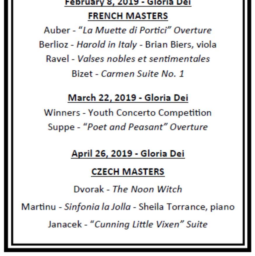 Please note that the musical selections for the February 8 and April 26, 2018 concerts have changed.