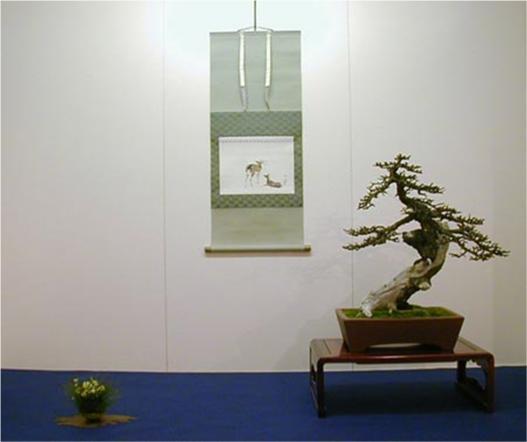 Traditionally, the Japanese use a scroll painting. It must complement and harmonise with the focal element of the composition (the bonsai).