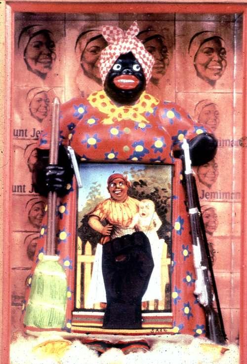 Gazing In Betye Saar s The Liberation of Aunt Jemima, the traditional meaning of the saccharine image is challenged when it is paired with an even more stereotypical depiction of a wide-eyed, red