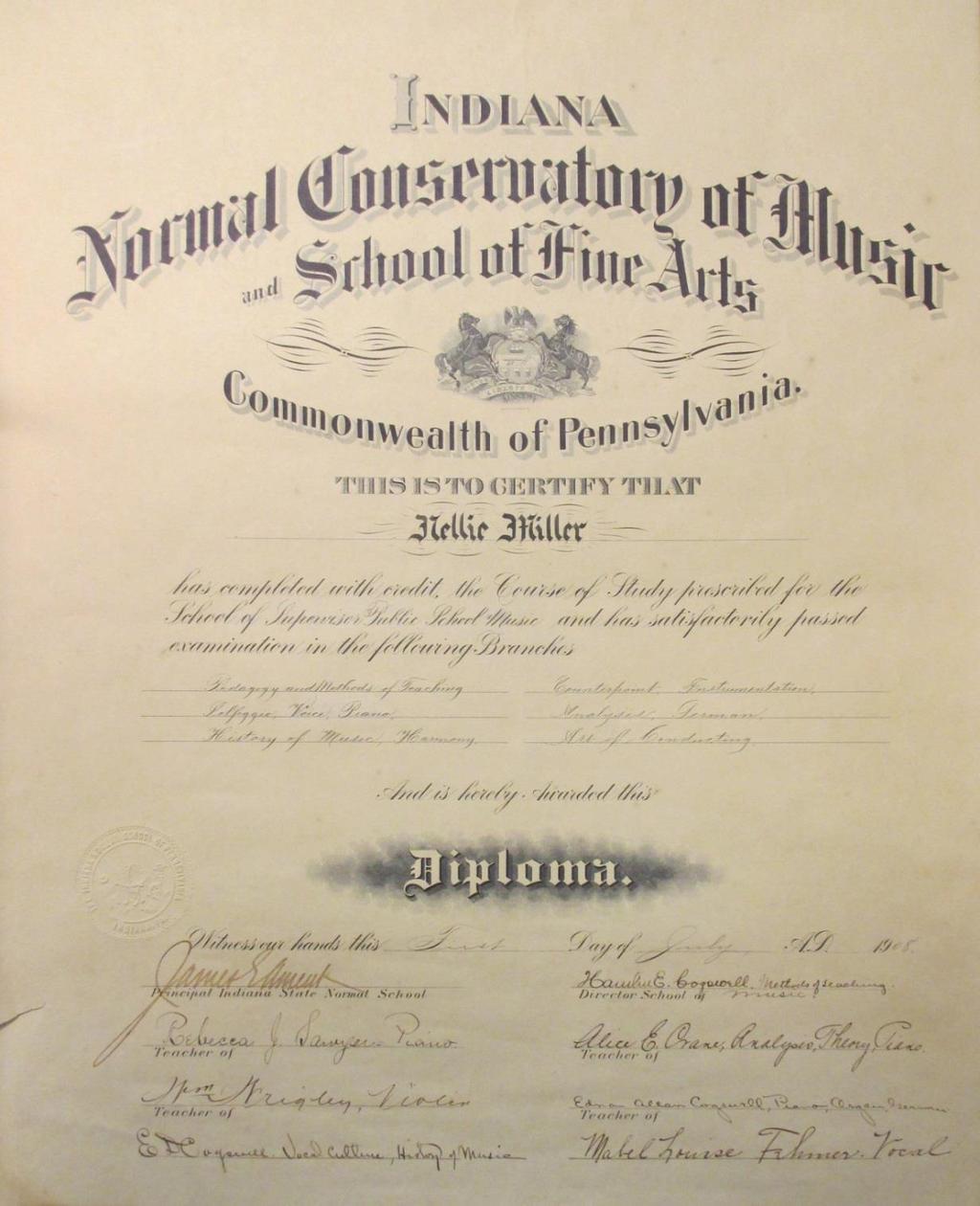 Record Group 33: The Department of Music 12 Conservatory of Music and School of Fine Arts Diploma, Indiana State Normal