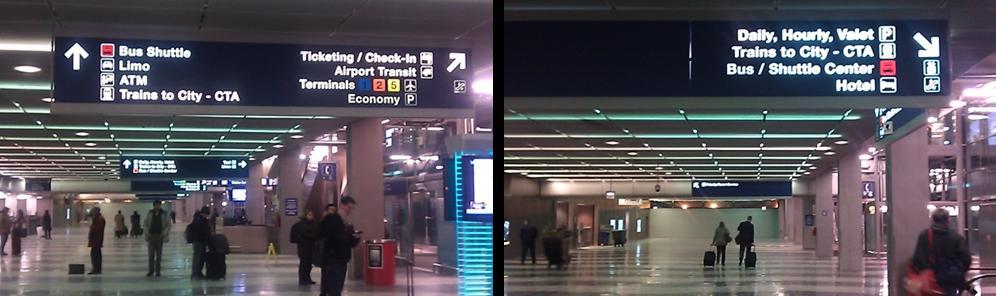 From baggage claim, please follow the Red Arrows to "Shuttle/Bus Center" 3.