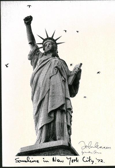 Postcard. The postcard, pc1, has a photo of the Statue of Liberty holding up a fist instead of a torch. Petition.