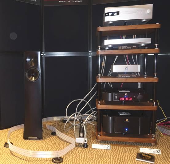 Nordost demonstrated their Sort Lifts seen here supporting Nordost speaker cables feeding YG Acoustics Carmel II, all alloy floor standers.
