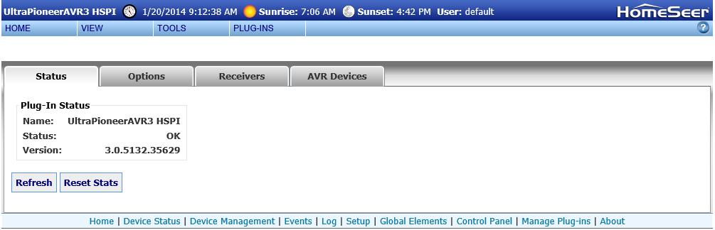 Screenshot The available web pages are as follows: 1. Status Displays the UltraPioneerAVR3 HSPI version and status. 2.