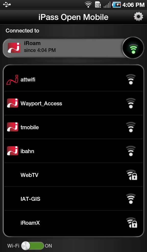 Connection Manager Current Connection OpenAccess Network Signal Strength ipass Network Secure Network Wi-Fi On/Off Switch Open Mobile displays Available