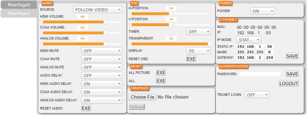 6.6.2 Main Page 1 Select the MainPage1 tab to adjust settings related to audio output, the OSD, Ethernet, and power.