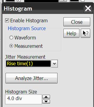 We will create a histogram with our Rise Time measurement. 11. Go to the Histogram dialog 12.