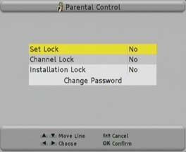 Then press OK button. 7.2. Channel lock Here you can activate the parental control for channels if you have marked it in Channel Management for Lock.