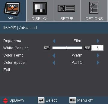 User Controls Image Advanced Degamma This allows you to choose a degamma table that has been fine-tuned to bring out the best image quality for the input. Film: for home theater.
