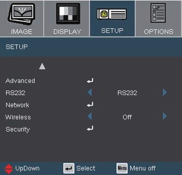 User Controls Setup RS232 RS232: Allow RS232 control of an individual projector. Wireless is only functional with optional wireless module.