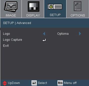 User Controls Setup Advanced Logo Use this function to select your desired startup screen.