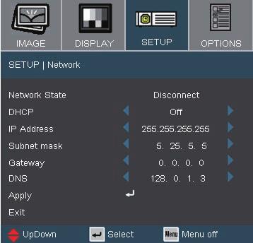 User Controls Setup Network Network State To display network information. DHCP Use this function to select your desired startup screen.